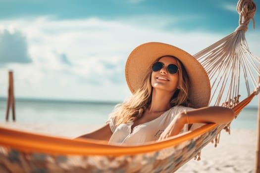 Woman having rest in colorful hammock in tropical garden while relaxing in vacation. AI Generated