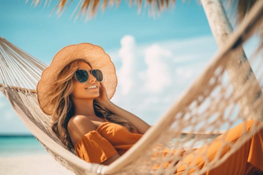 Woman having rest in colorful hammock in tropical garden while relaxing in vacation. AI Generated