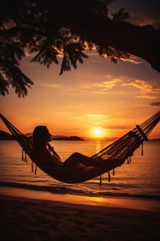 Woman having rest in colorful hammock in tropical garden while relaxing in vacation. AI Generated