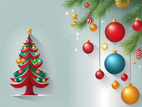 Christmas and New Year greeting card. space for text. Merry Christmas and Happy New Year background with Christmas tree. Christmas background with baubles and fir branches. Vector illustration.