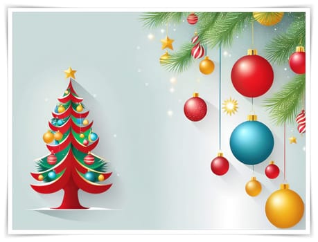 Christmas and New Year greeting card. space for text. Merry Christmas and Happy New Year background with Christmas tree. Christmas background with baubles and fir branches. Vector illustration.