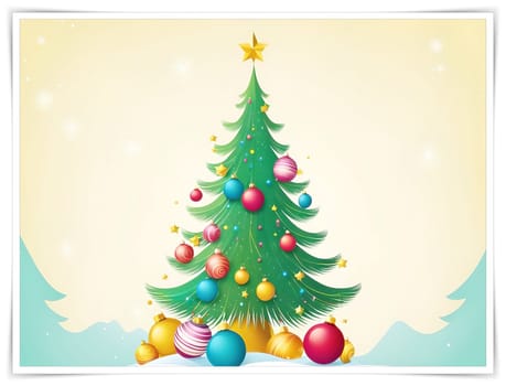 Christmas and New Year greeting card. space for text. Merry Christmas and Happy New Year background with Christmas tree. Christmas background with baubles and fir branches. Vector illustration.