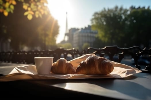 fresh drink eating travel hot paris table bar france cafe dessert eatery european food breakfast retro croissant french cityscape cup. Generative AI.