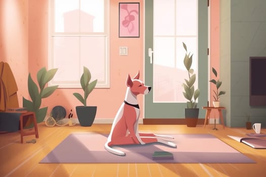 dog sportswear woman sport practice cartoon training fitness lifestyle mat relax body female illustration girl home yoga gymnastics stretching wellness posture. Generative AI.