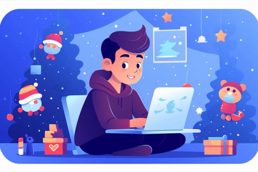 chat call beautiful digital screen smiling video cyberspace happy young computer laptop child home illustration baby person cute christmas christmas tree. Generative AI.
