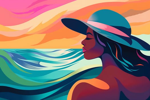 woman water sea tanned beige beach concept black hair beauty poster ocean cartoon vacation young body travel female tropical hat summer. Generative AI.