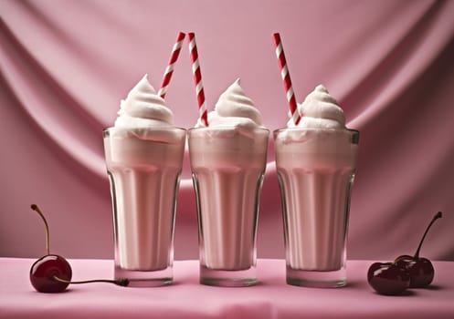 milkshake colourful cherry healthy cream poster tasty drink pink beverage creative glass milk sweet america retro cocktail smoothie eatery ice. Generative AI.