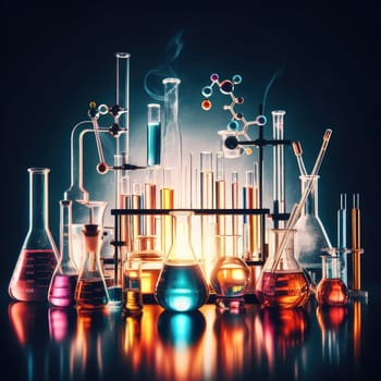 Chemical experiment concept. Laboratory equipment. Blue background.