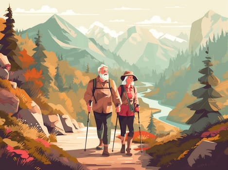 active woman trekking run illustration healthy love hiking exercise grandfather together elderly backpack walking cartoon grandmother happy couple old senior. Generative AI.