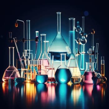 Chemical experiment concept. Laboratory equipment. Blue background.