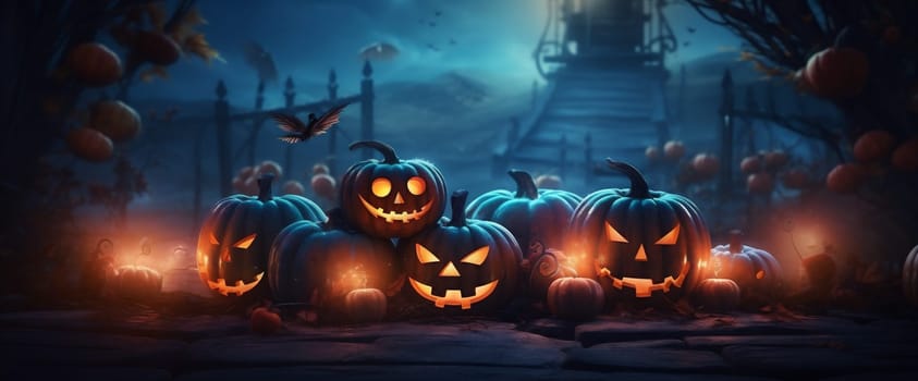 scary night mystery horror spooky grunge cemetery table black autumn wood blue halloween fear pumpkin light jack background evil candle card. Generative AI.