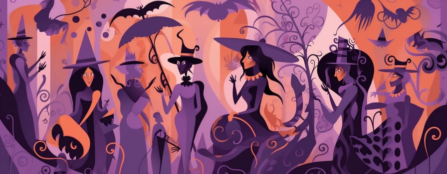 woman autumn black horror halloween girl witchcraft design poster purple background invitation party orange beautiful holiday hat witch fantasy night evil. Generative AI.