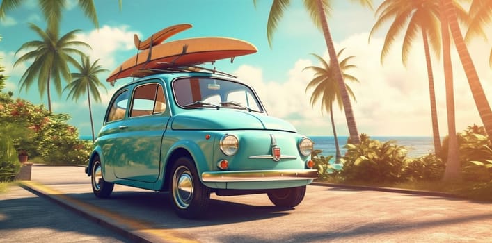 background tree trip surf travel vacation beach tropic car voyage sand summer old-fashioned nature retro tropical road sun vintage transport. Generative AI.