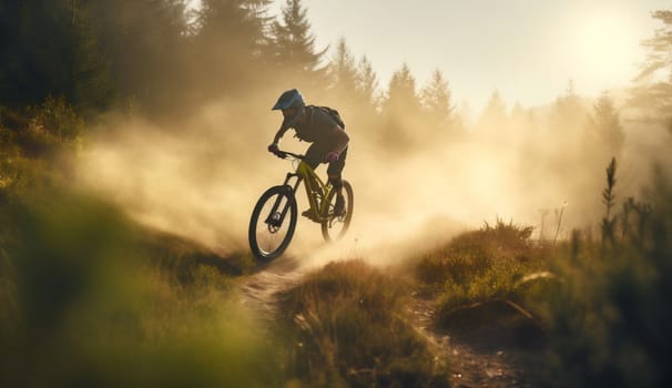 sunset woman ride bicyclist hiking adventure girl sport walking bike exercise bicycle summer biker cycling travel healthy forest lifestyle dark biking. Generative AI.