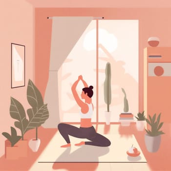 dog woman illustration health meditation lifestyle home body cartoon activity person sportswear fitness healthy adult workout position indoor sport yoga training. Generative AI.
