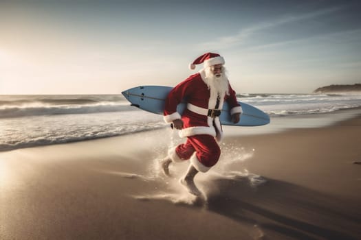 vacation background nature sea island surfing sandy beach tropical holiday claus hot costume person coming summer christmas water santa hurry. Generative AI.