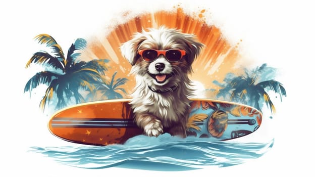 sand dog trip vacation funny trendy puppy retro hawaiian fun cute beach surfer travel wave ocean summer holiday isolated animal. Generative AI.