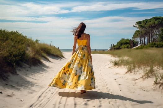 sunlight woman vogue hippie summer gypsy attractive resort model fashion person floral beautiful nature happiness blue outfit lifestyle sea dress beach. Generative AI.