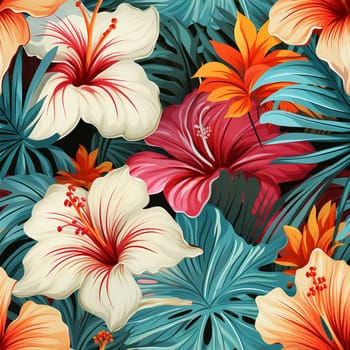 Hawaiian pattern pastel flowers pattern. Beach cheerful seamless pattern wallpaper of tropical bright leaves of palm trees and flowers paradise plumeria on a light yellow background Pink and blue