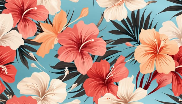 Hawaiian pattern pastel flowers pattern. Beach cheerful seamless pattern wallpaper of tropical bright leaves of palm trees and flowers paradise plumeria on a light yellow background Pink and blue