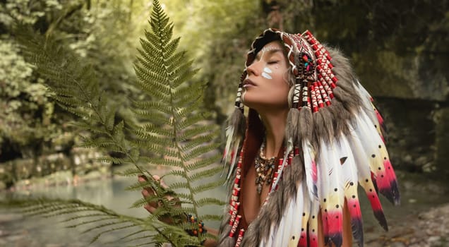 the portrait of a young girl in Native American Headdresses against the background of nature