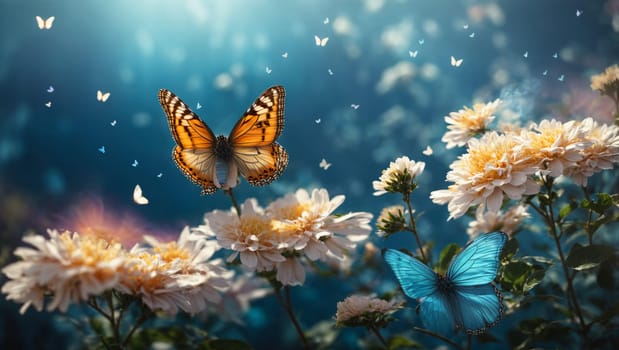 colorful butterflies on a blue sunny spring magic background with rays of the sun