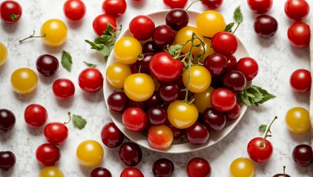 cherry berries, grapes, exquisite red and yellow tomatoes lying on a white background top view