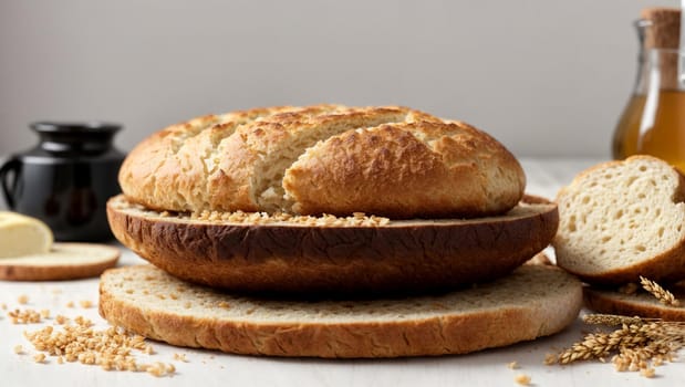 round bread in a wooden plate on a white background, bread preparation, and wheat sliced bread.