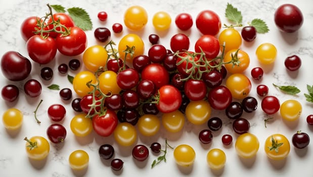cherry berries, grapes, exquisite red and yellow tomatoes lying on a white background top view