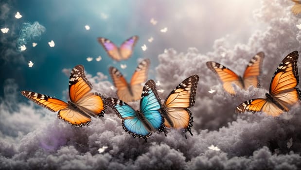 colorful butterflies on a blue sunny spring magic background with rays of the sun