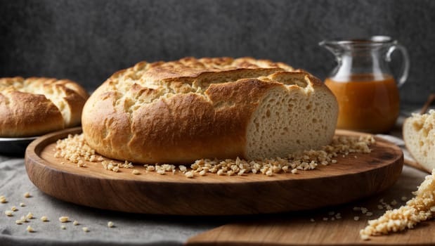 round bread in a wooden plate on a white background, bread preparation, and wheat sliced bread.