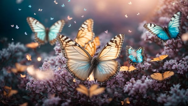 colorful butterflies on a blue sunny spring magic background with rays of the sun