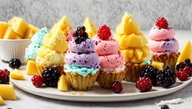 multi-colored ice cream with frozen mango, pineapple, red and black currant berries