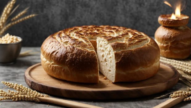 round bread in a wooden plate on a white background, bread preparation, and wheat sliced bread.