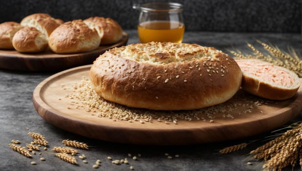 round bread in a wooden plate on a white background, bread preparation, and wheat sliced bread.