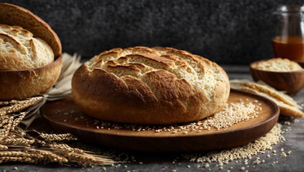 round bread in a wooden plate on a white background, bread preparation, and wheat sliced bread.