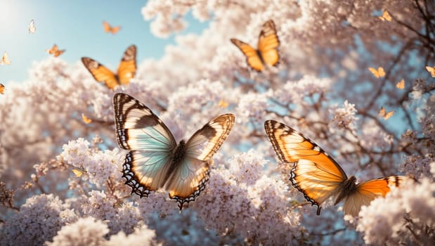 colorful butterflies on a blue sunny spring magic background with rays of the sun