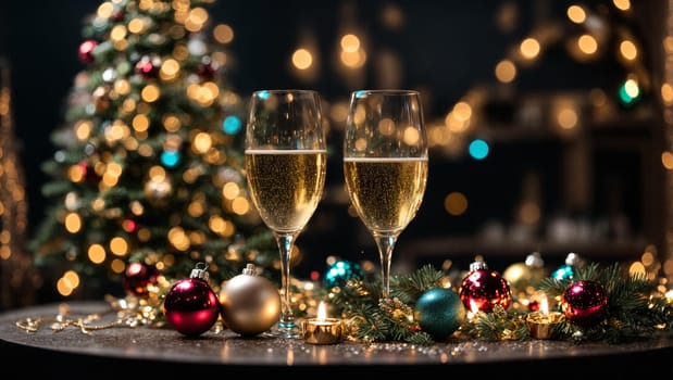 glasses with spilled champagne on a bright Christmas table with bright Christmas toys and garlands, a Christmas tree in the background with a magical blue background