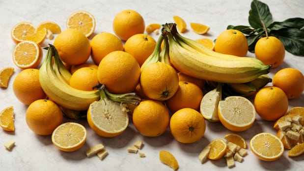 yellow ripe bananas and oranges lying on a bright white background top view