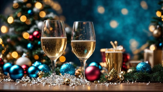 glasses with spilled champagne on a bright Christmas table with bright Christmas toys and garlands, a Christmas tree in the background with a magical blue background