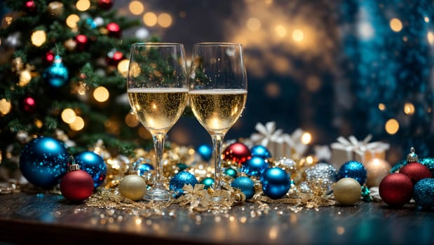 two glasses of champagne on a bright Christmas table with bright Christmas toys and garlands, a Christmas tree in the background with a magical blue background