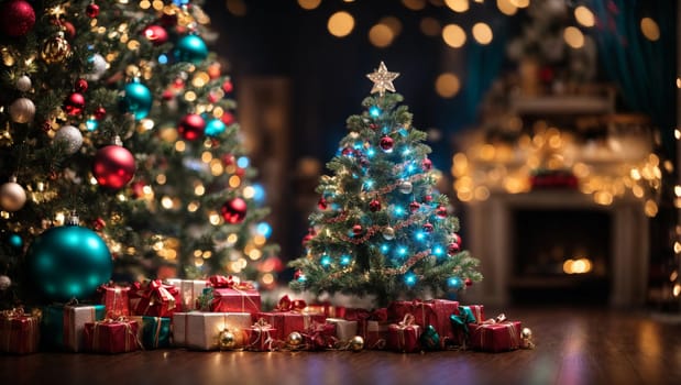 Christmas tree on a blurry magic background with bright toy colored lights and festive colorful Christmas garlands