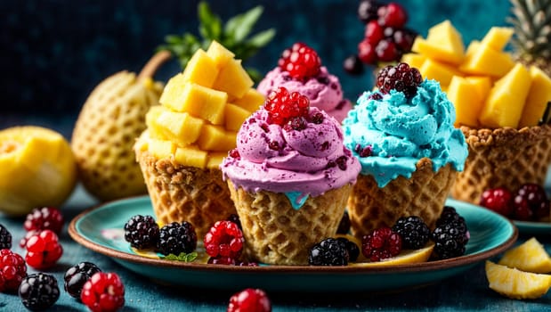 multi-colored ice cream with frozen mango, pineapple, red and black currant berries