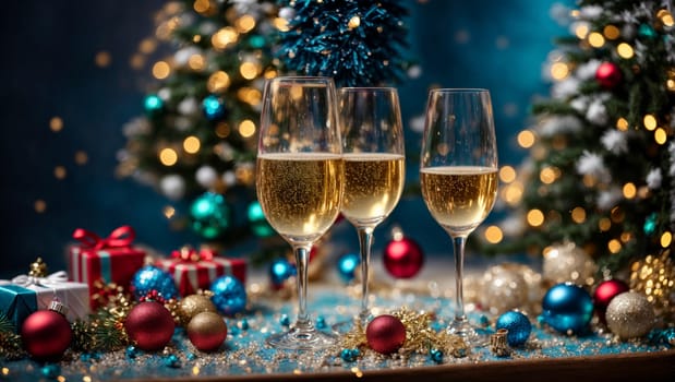 glasses with spilled champagne on a bright Christmas table with bright Christmas toys and garlands, a Christmas tree in the background with a magical blue background
