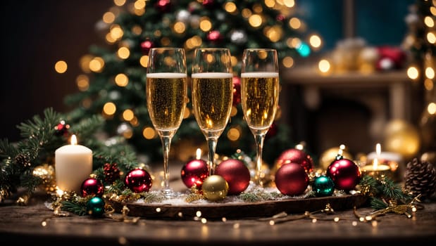 glasses with spilled champagne on a bright Christmas table with bright Christmas toys and garlands, a Christmas tree in the background with a magical blue background