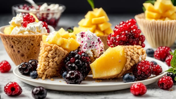 multi-colored ice cream with frozen mango, pineapple, red and black currant berries