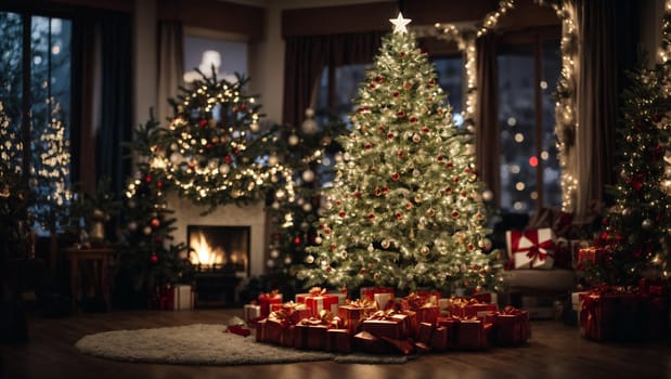 Christmas tree on a blurry magic background with bright toy colored lights and festive colorful Christmas garlands