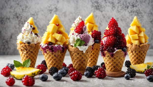 multi-colored ice cream with frozen mango, pineapple, red and black currant berries