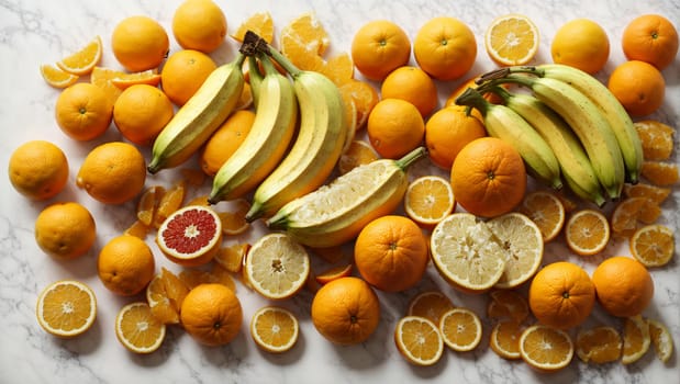 yellow ripe bananas and oranges lying on a bright white background top view