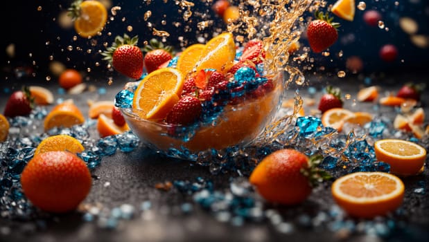 an explosion of bright colors, orange and strawberry floating in the air, in splashes of water, leaving a delightful trail against a background of deep dark blue and mesmerizing magical blue and white shades.